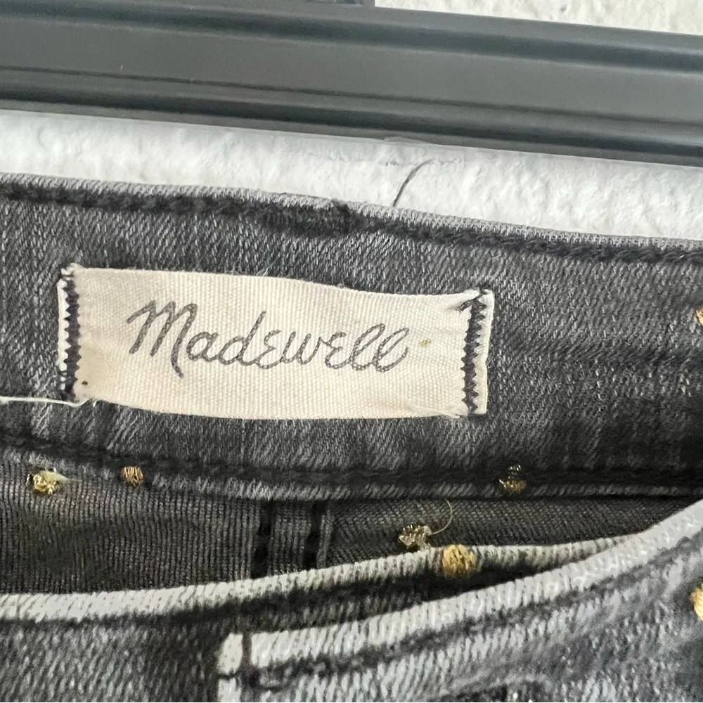 Madewell 26 Waist Black Skinny Jeans with Gold Embroidered Polka Dots 10” Rise